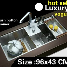 Стандартная кухонная ручная раковина с двойным канавком, 304 из нержавеющей стали Кнопка drainer,, 96x43 см