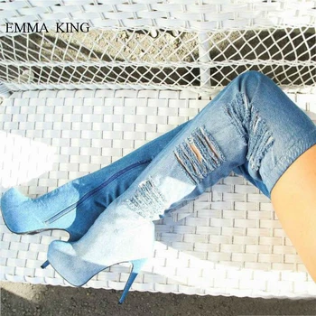 

Hole Design Denim Elastic Boots Women Round Toe Over Knee Platform Boots Spring Autumn Zipper Stiletto High Heels Shoes Woman