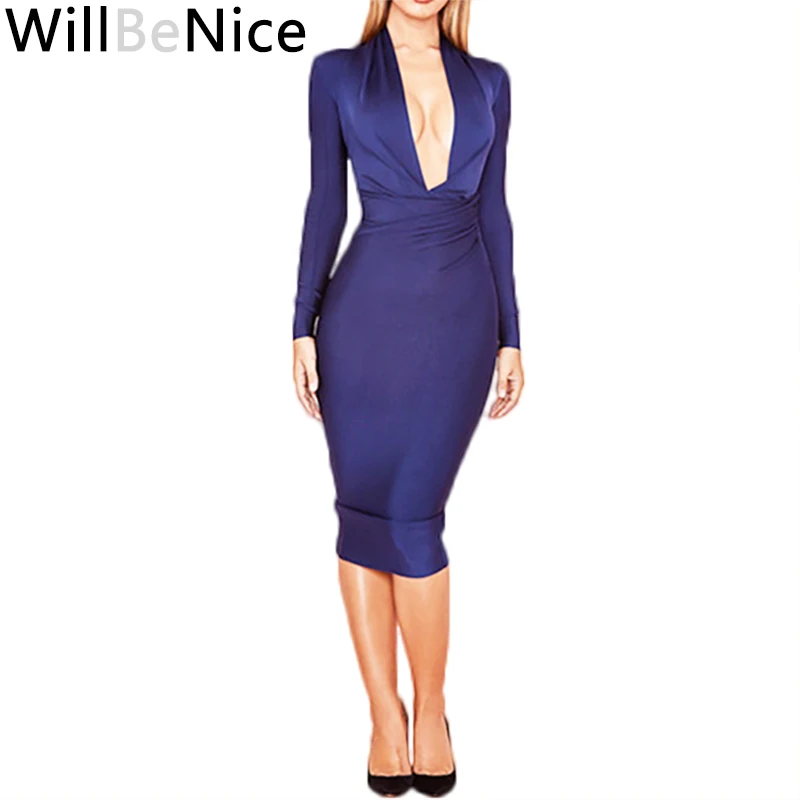 

WillBeNice Navy Blue 2019 New Arrival Deep V Neck Party Sexy Winter Dress Women's Long Sleeve Bodycon Celebrity Bandage Dress