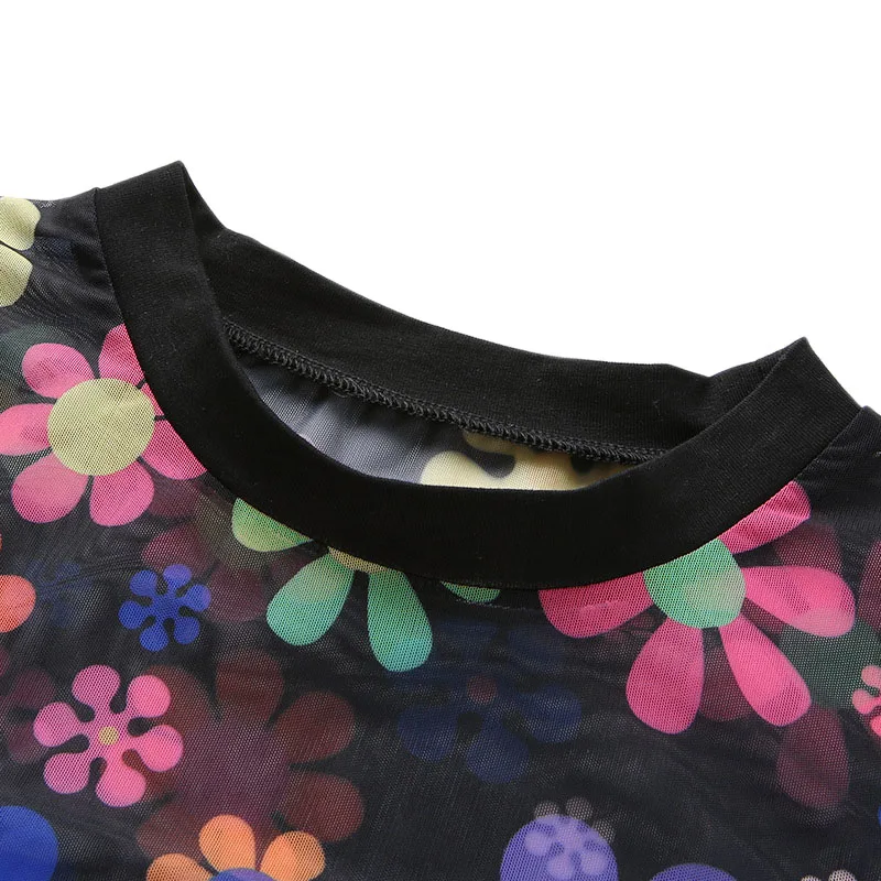 المرأة مثير الزهور طباعة شبكة مثير T قميص طويل الأكمام السببية المحاصيل قمم فام حزب نادي شفاف Bodycon تيز قميص