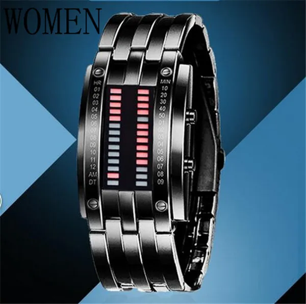 Креативные цифровые часы полностью стальные Бинарные наручные часы для женщин светодиодный электронные спортивные часы водонепроницаемые мужские часы relojes - Цвет: women black red