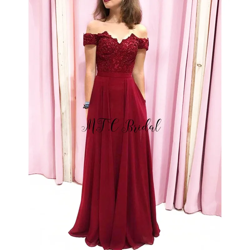 

Vestido De Festa 2019 Burgundy Long Evening Dress Off The Shoulder A Line Lace Top Chiffon Corset Prom Gowns Custom Made