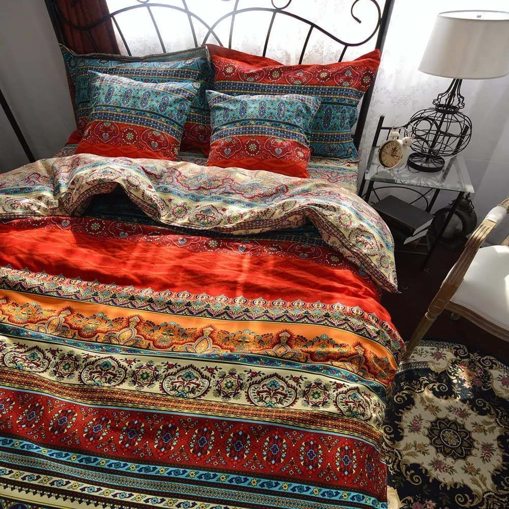 3Pcs Bohemia Retro Printing Bedding Ethnic Vintage Floral Duvet Cover Boho Bedding Brushed Cotton Bedding Sets