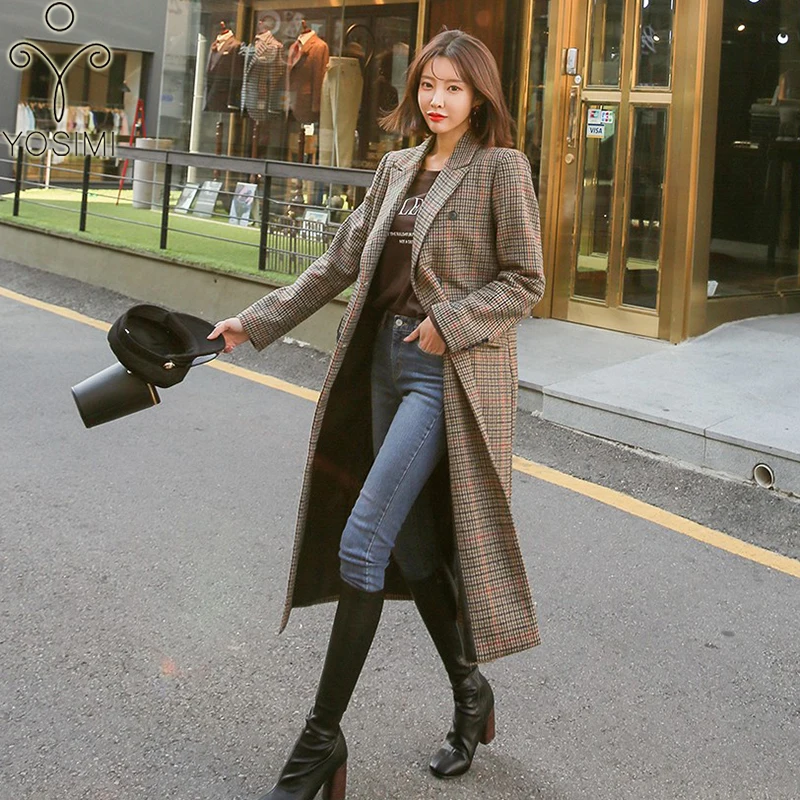 YOSIMI Autumn Winter Long Women Woolen Coat Turn-down Collar Outwear Clothing Wide-waisted Belt Female Costume Gray For Women YOSIMI Autumn Winter Long Women Woolen Coat Turn-down Collar Outwear Clothing Wide-waisted Belt Female Costume Gray For Women