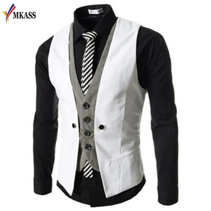 

New Autumn Men Vest Suit Waistcoats British Style Casual Blazer False Two Vest Double Breasted Mens Slim Fit Dress Suit Vests