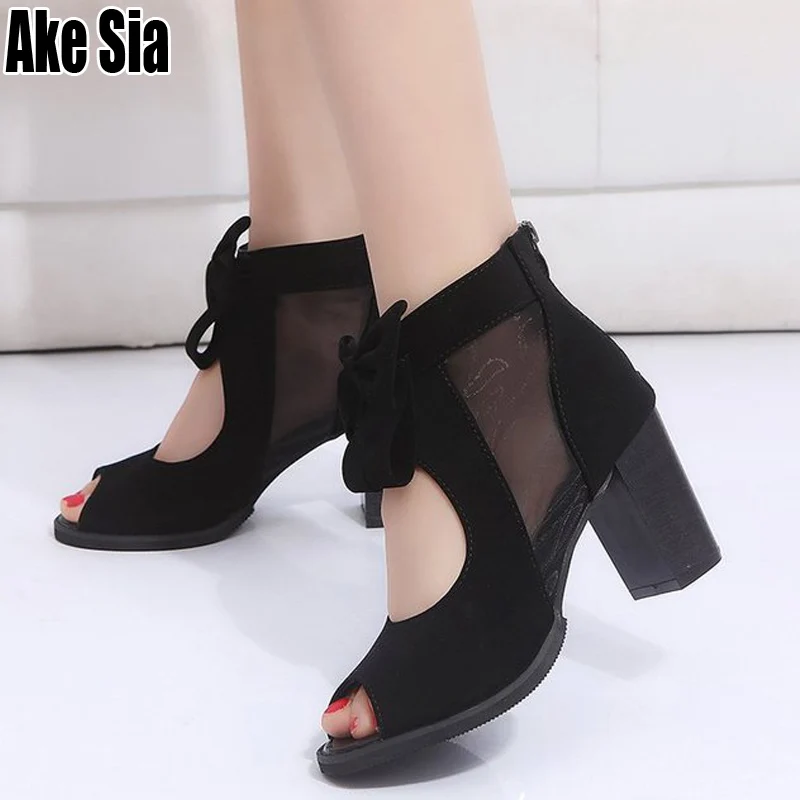 

2019 New Arrival Fashion Peep Toe Net Yarn Mesh Women Feminine Casual Bowknot High Chunky Heels Roman Sandals Leisure Shoes A441