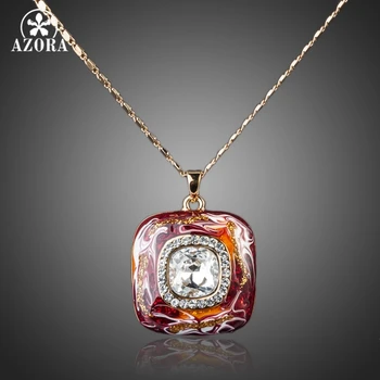 

AZORA Gold Color Stellux Austrian Crystal Dark Red Oil Painting Pattern Pendant Necklace TN0065