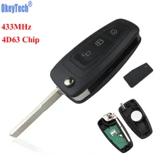 OkeyTech 433MHz 4D63 Chip 3 Buttons Replacement Flip Folding Car Remote Key Keyless Entry Fob for FORD Focus Fiesta HU101 Blade