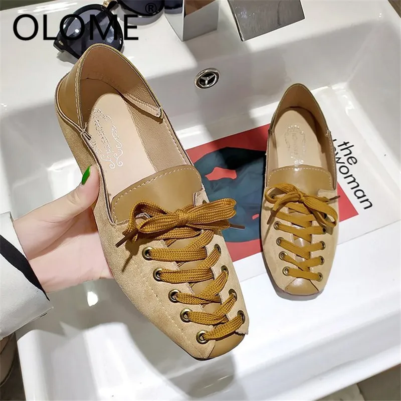 

Spring flat shoes ladies square head shoes high quality suede lace casual shoes women's ballet flat shoes zapatillas mujer Beige