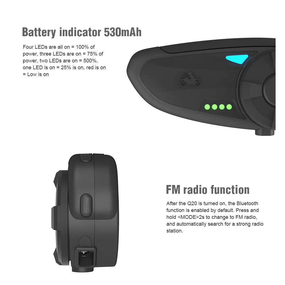 Ejeas Quick20 Bluetooth 4,2 Мотоцикл гарнитура Raid пара 1,2 км с FM радио проигрывателя батарея индикатор для 2 всадников