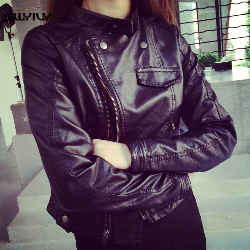 SWYIVY Women Motorcycle Leather Jacket PU Coats Black 2019 Spring Autumn Female Short Slim Coat Size XXXL Woman Leather Jackets