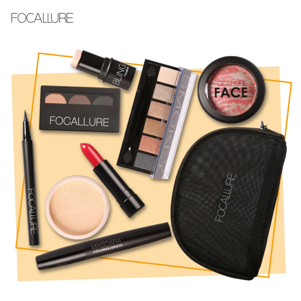Conjunto de Maquiagem Highlighter com Pincel Kit de Cosméticos Focallure Sombra Paleta Delineador Batom Fosco Maquiagem Bolsa Compõem 8 Peças 2 Cheap Jogos de maquiagem