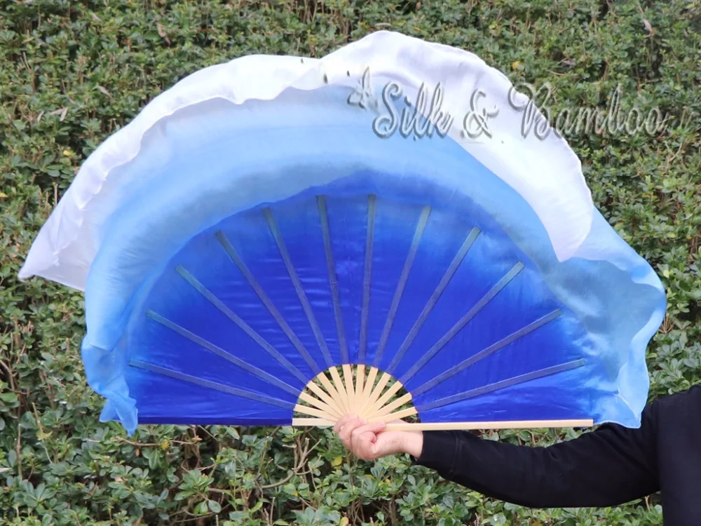 

1pc right hand Blue fading 38cm bamboo+60cm silk Chinese dance silk fan(flutter), real flowy silk!