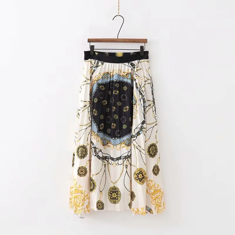 Женская стильная плиссированная юбка с принтом в виде цепочки mujer, размер, дизайн на молнии, женские модные повседневные юбки до середины икры