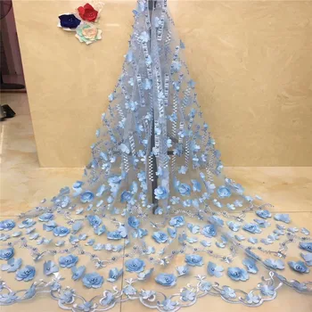 

Sky Blue French Lace Fabric 3D Flowers African Tulle Lace Fabric With Beads African Lace Fabric For Wedding HJ1169-1