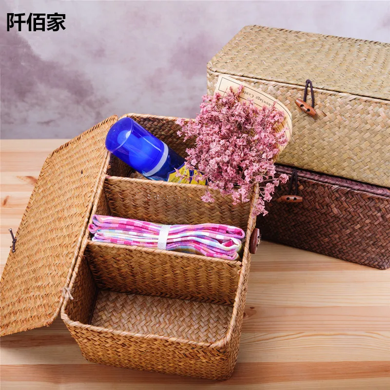 3 Grid Sisal Hand Woven Basket With Cover Desktop Jewelry Cosmetic Sundries Rattan Storage Container Holder