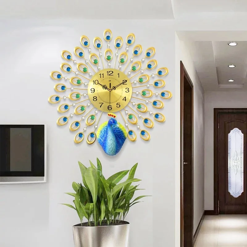 

3D Big Stereo Peacock Wall Clock Modern Design Living Room Acrylic Diamonds Decorative Non Ticking Clock Wall Art Home Decor
