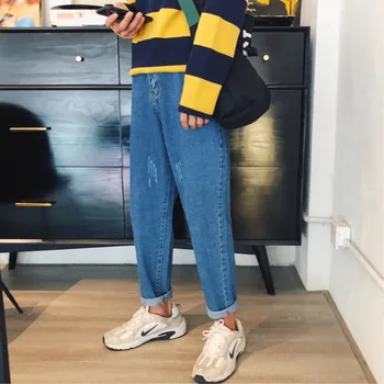 

2018 New Men's Personality Temperament Wild Cotton Loose Fashion Popular Youth Retro Solid Color Simple Straight Jeans