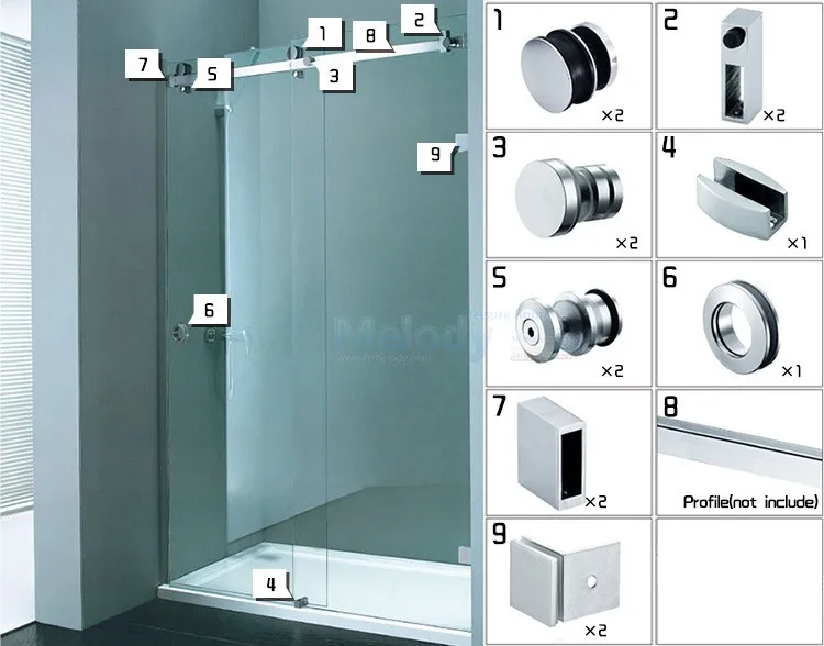 Me-002 безрамные ванные комнаты, раздвижные двери для душа, полный комплект, оборудование для кабины, 304 нержавеющая сталь