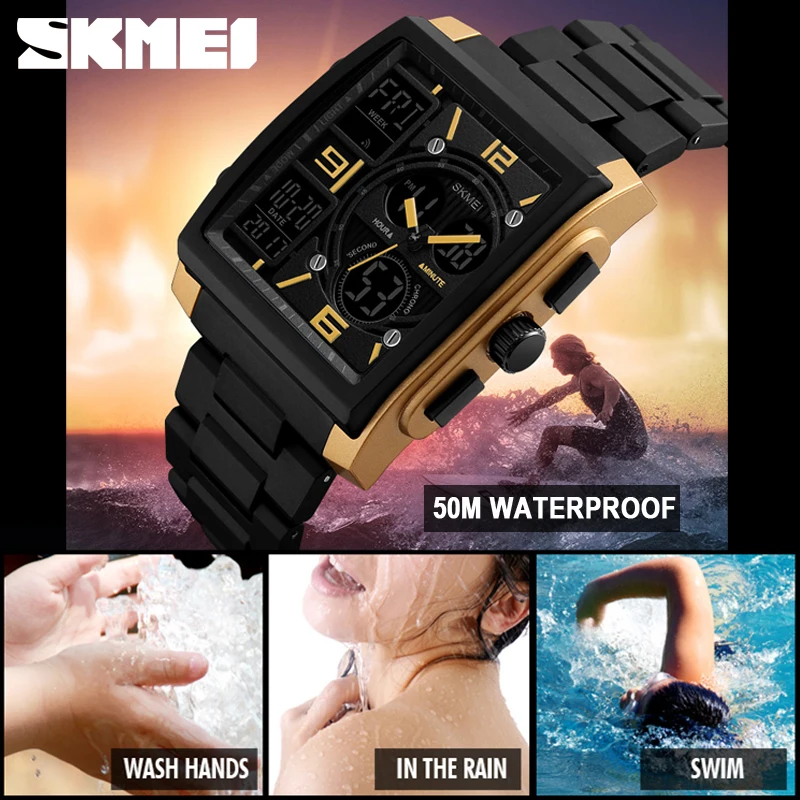 SKMEI 1274 Luxury Military Men Watch Relogio Stainless Steel Casual Digital Wristwatches Square Sport Electronic Watch Masculino