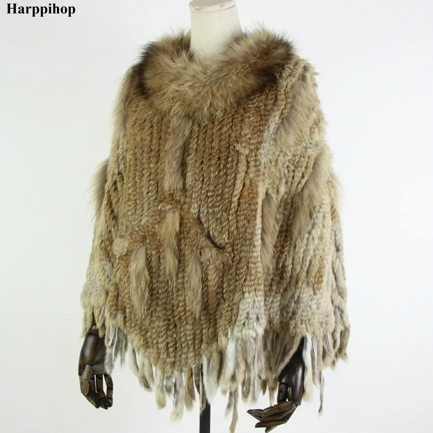 

Hot Sale Women Real Natural Rabbit Fur Pashmina Casual Knitted Rabbit Fur shawl with raccoon collar Lady Real Rabbit Fur Poncho