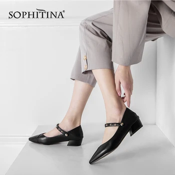 

SOPHITINA Sexy Pointed Toe Square Heels High Quality Cow Leather Casual Women's Shoes Fashion Rivet Buckle Elegant Pumps MO149