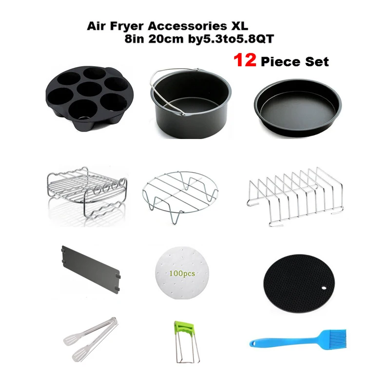 

High Quality Air Fryer Accessories 8 Inch for Gowise Phillips Cozyna and Secura, Set of 12, Fit all Airfryer 5.3 to 5.8QT