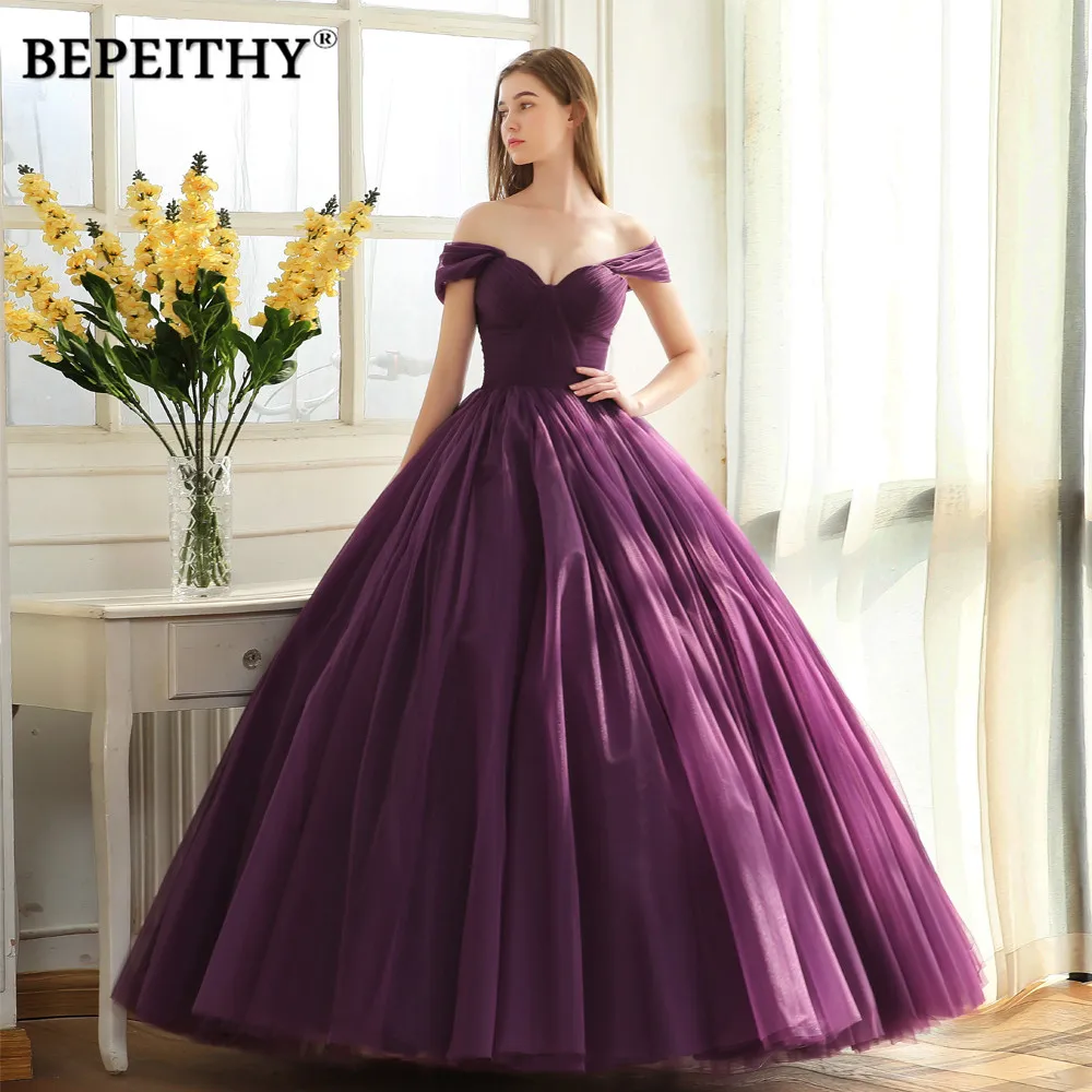 BEPEITHY Off The Shoulder Ball Gown Long Evening Dress Party Elegant 2022 Robe De Soiree Purple Princess Prom Dresses Sleeveless evening gowns for women