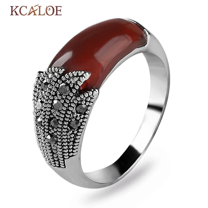 KCALOE винтажное женское красное кольцо, Брендовое античное серебряное кольцо с черным камнем CZ, стразы, Свадебные обручальные кольца для женщин