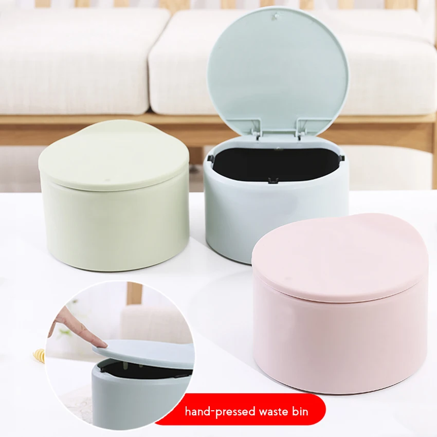 

Desktop Small Trash Bin Waste Storage Container with Cover Bouncing Lock Round Hand-Pressed Trash Bucket for Household/ Car