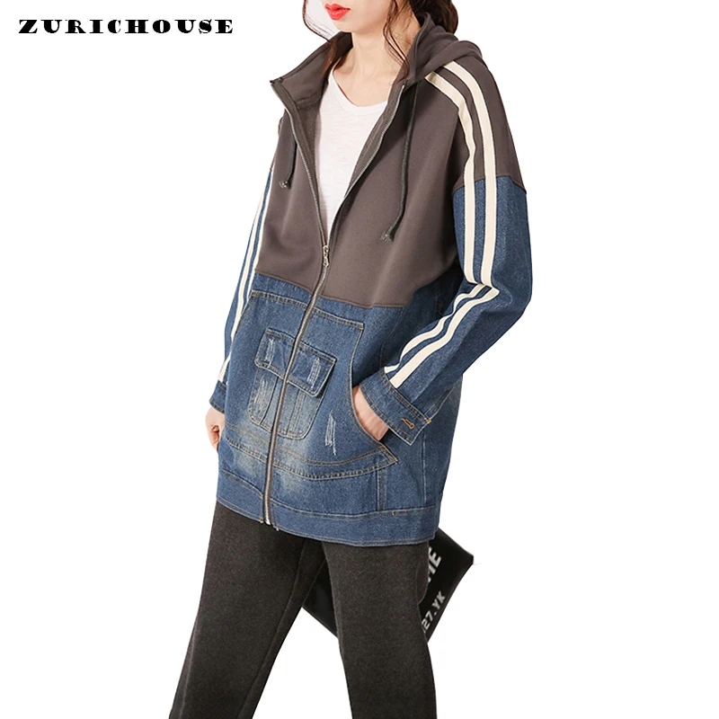 

Fashion Hooded Patchwork Denim Jacket Women Spring Front Pocket Zipper Jacket 2019 New Arrival Harajuku BF Style Jean Jacket