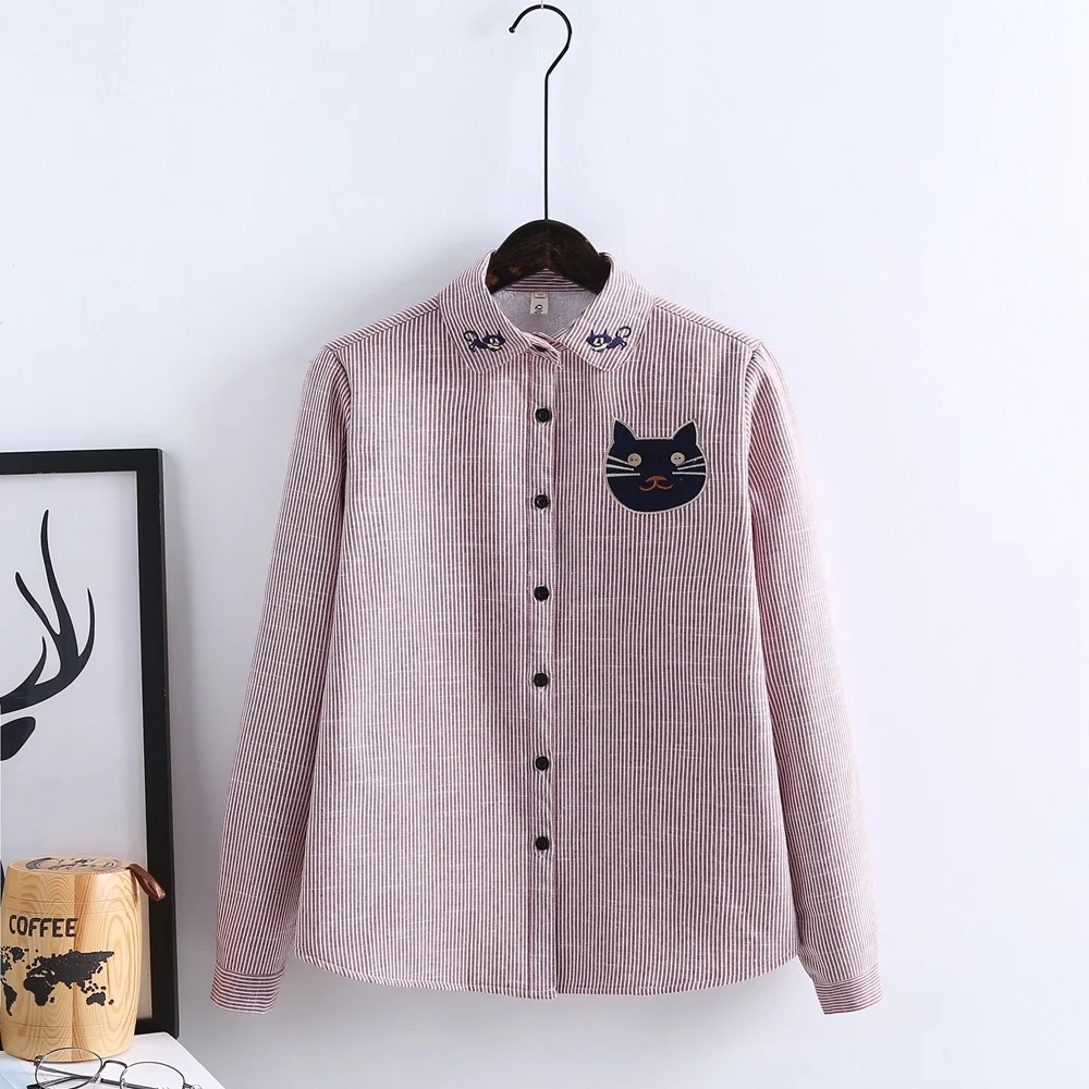  2018 Autumn Winter Thick Fleece Women Clothes Cat Embroidery Striped Velvet Shirt Female LongSleeve