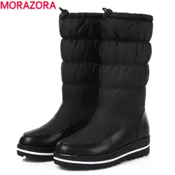 Morazora/зимние сапоги женская обувь на плоской подошве на платформе зима густой мех теплые сапоги натуральная кожа сапоги до середины икры