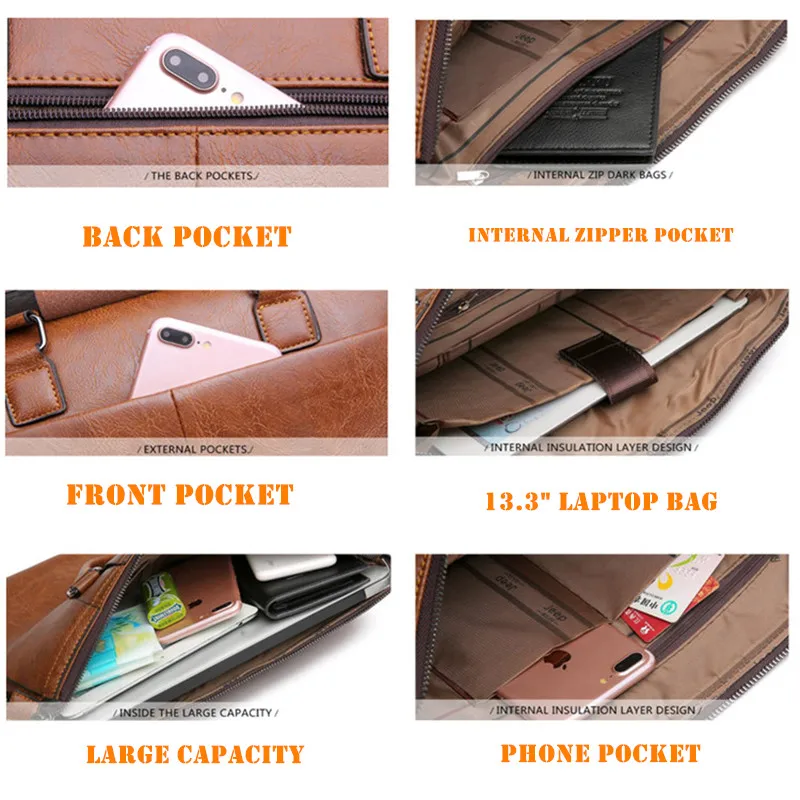 JEEP BULUO Men's Briefcase Fashion Handbags For Man Sacoche Homme Marque Male leather Bag For A4 Documents 13\