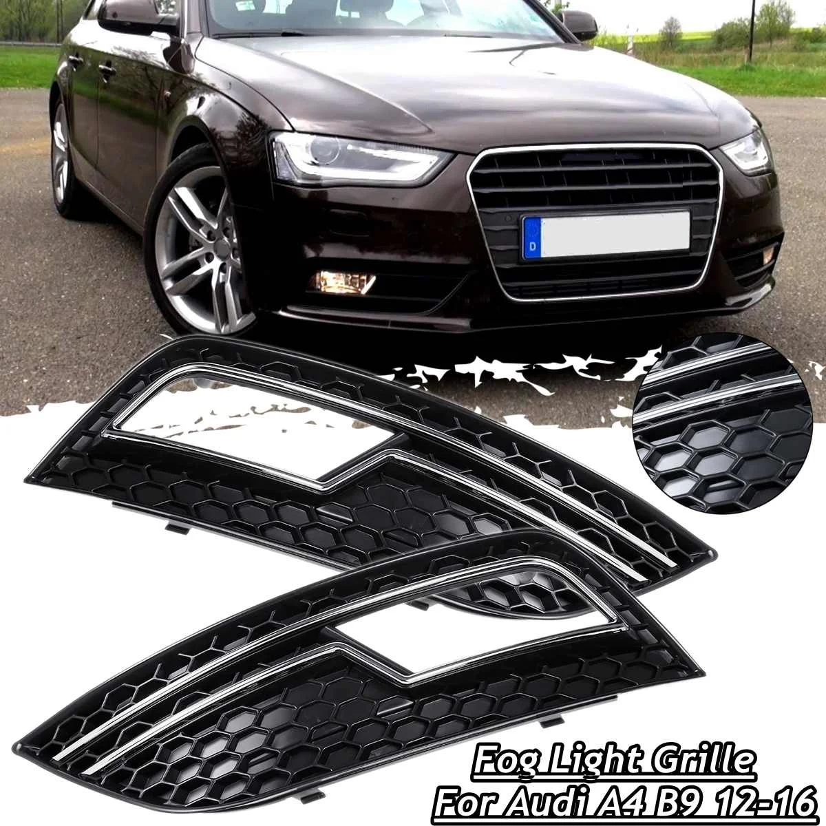 

Pair Front Bumper Fog Light Grill Grilles Cover Black with Chrome Trim For Audi A4 B9 Facelift 2012 2013 2014 2015 2016
