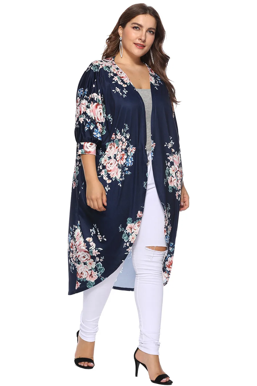 Gladiolus Plus Size Blouse Women 2018 Summer 34 Sleeve Floral Print Casual Long kimono Cardigan Women Autumn Shirt Blouses Tops (12)