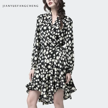 

2019 Spring Summer Long Sleeve V-Neck Women Polka Dots Dress With Belt Sexy Bodycon Knee-Length Female Mermaid Party Dresses