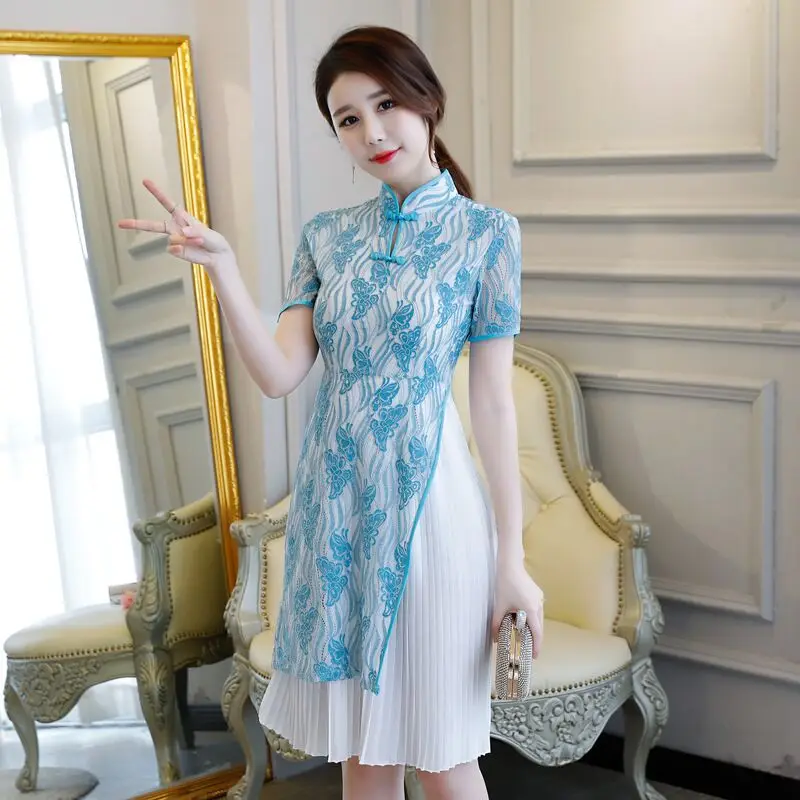 Light Blue 1847 Короткое Стильное женское платье, s m ini Cheongsam, летнее китайское кружевное тонкое платье Qipao, Новое поступление, Vestidos, Размеры s m L XL XXL XXXL 27509A - Цвет: Light Blue 1847