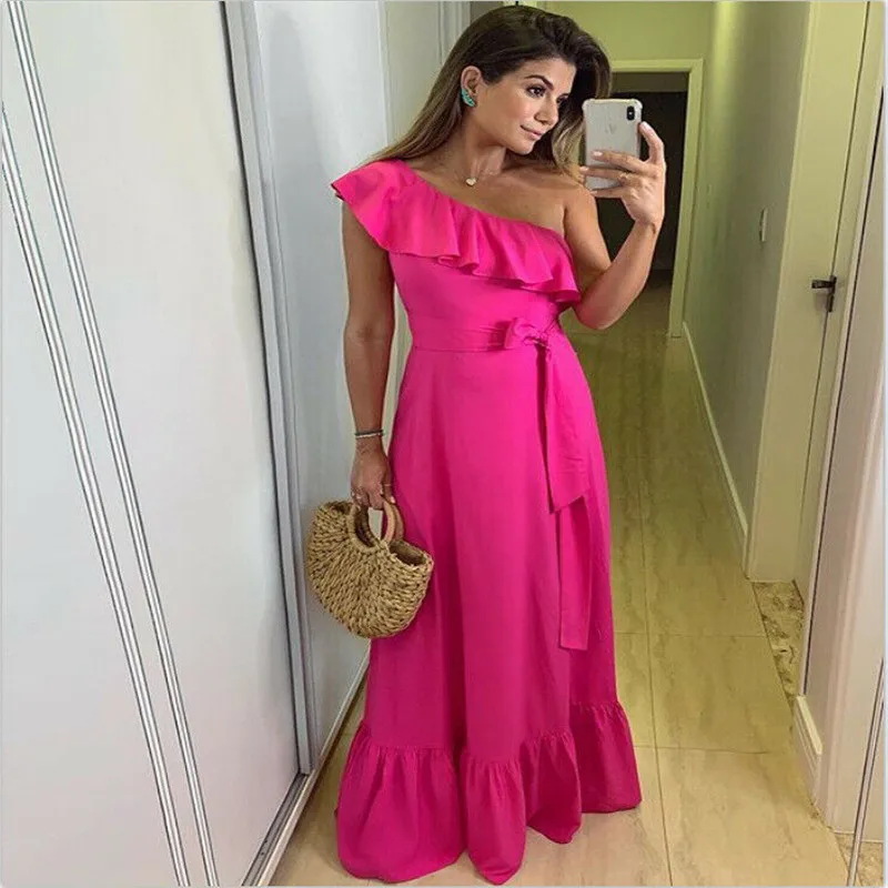 

Hot 2019 Women One Shoulder Dress Lace Up Frill Slim Party Cocktail Rose Long Dress Ruffles Ankle Lenght Dresses Formal Sundress