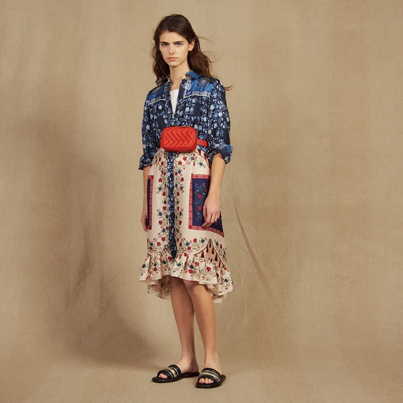 

2019 New Women Flower Print Ruffle Vintage Long Dress Bohemian Long Sleeve Irregular Midi Dress With Belt