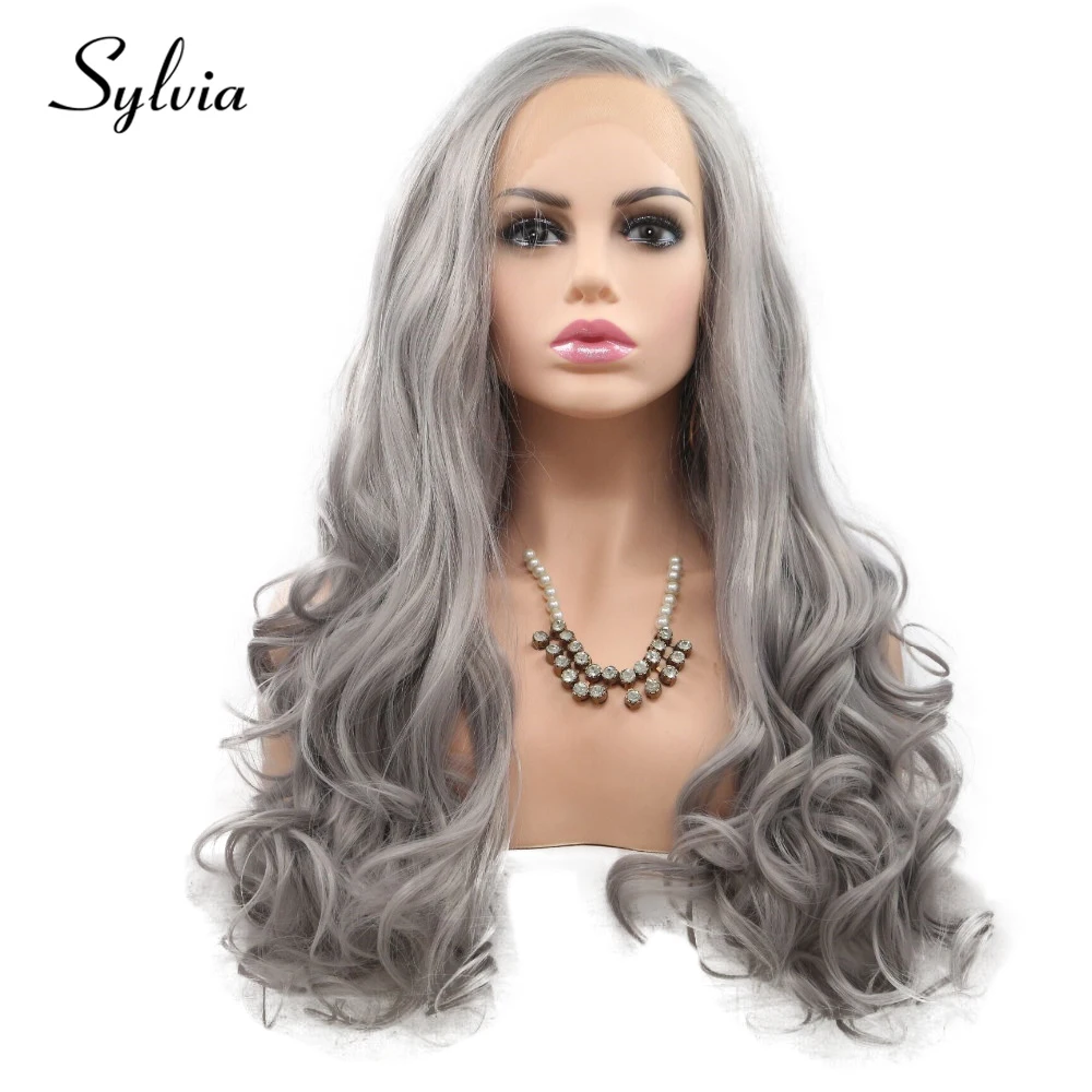 

Sylvia Light Grey Body Wave Synthetic Lace Front Wigs 180% Density Natural Silver Gray Half Hand Tied Heat Resistant Fiber Hair