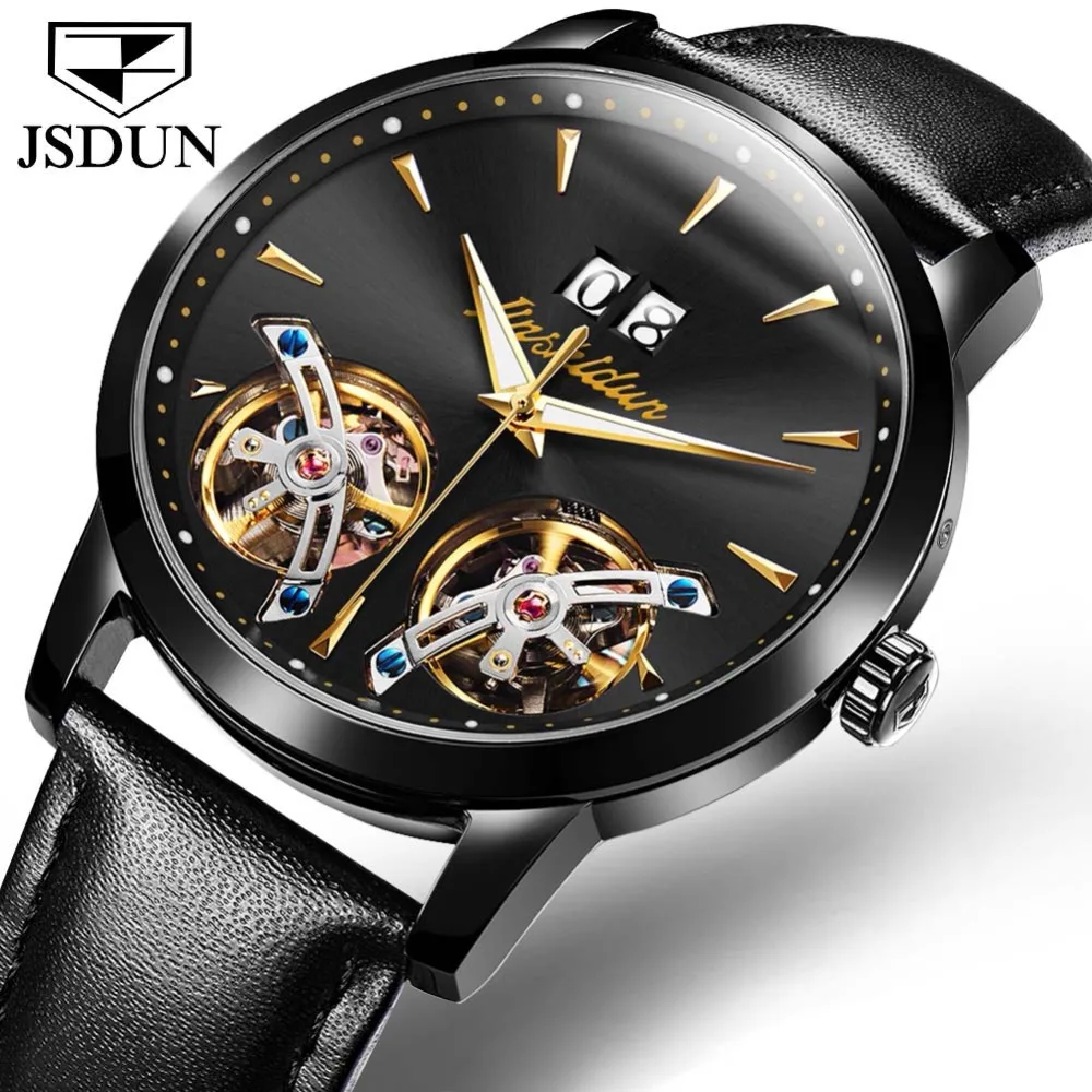 

JSDUN Fashion Automatic Watch Double Tourbillon Skeleton Watch Men Top Brand Luxury Genuine Leather Mechanical Wristwatches