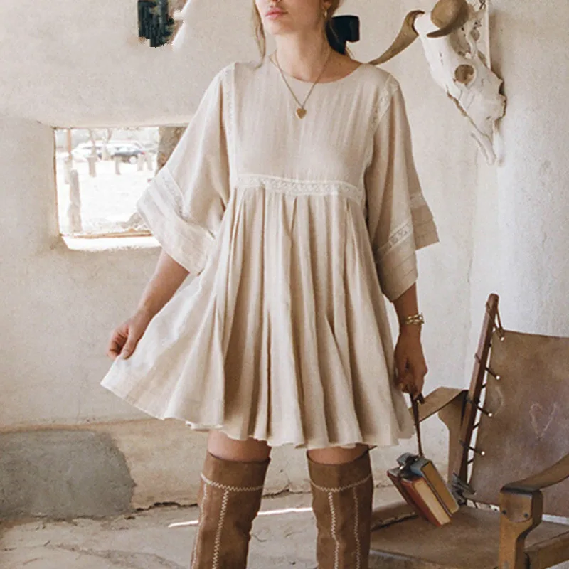 

Plain Lace Patchwork Bohemian Holiday Dress Casual A-Line Solid Draped Knee-Length O-Neck Women's Dress