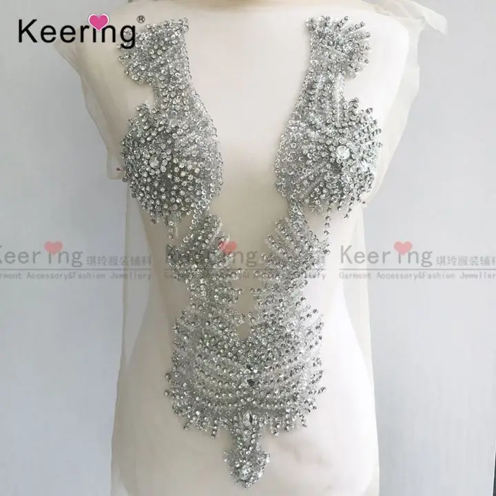 

New Pure Hand Made Sew on Rhinestones Sequins Applique Silver Crystals Patches for Wedding dress Accessory WDP-112
