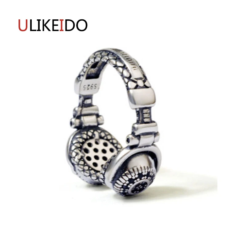 

100% Pure 925 Sterling Silver Jewelry Wearing Headphones Rings Opening Punk Men Signet Ring For Women Christmas Gift 1023