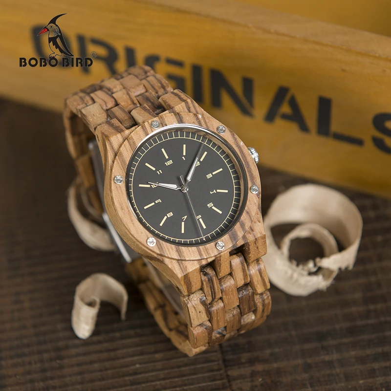 BOBO BIRD WN12 Wooden Watches Mens Brand Luxury Zebra Wood Band Quartz Watch in Wooden Gift Box