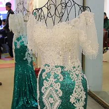 LS21771 Sequin dress evening long 2017 lace up back short sleeves sweetheart beaded green mermaid long formal party dress