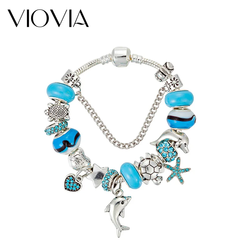 Viovia Sea Style Dolphin Charm Bracelet For Women Blue Murano Glass Beads Turtles Bracelets & Bangles Diy Jewelry Gifts B17010 - Bracelets - AliExpress