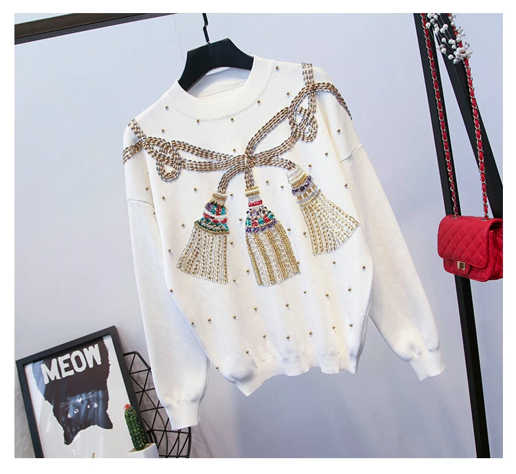 Oshangchaopin D'o noir Survêtements Perles Manches Pantalon Tricotés Vêtements Lourd Occasionnel Chandails À Blanc Lâche Lanterne Femmes Longues cou De Luxe gris Ensembles RrR5aq