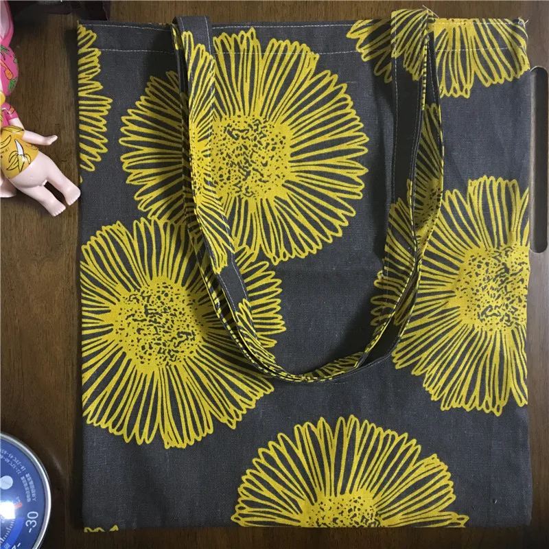 

YILE Handmade Cotton Linen Eco Shopping Tote Shoulder Bag Print Yellow sunflower Brown Base 1759-2